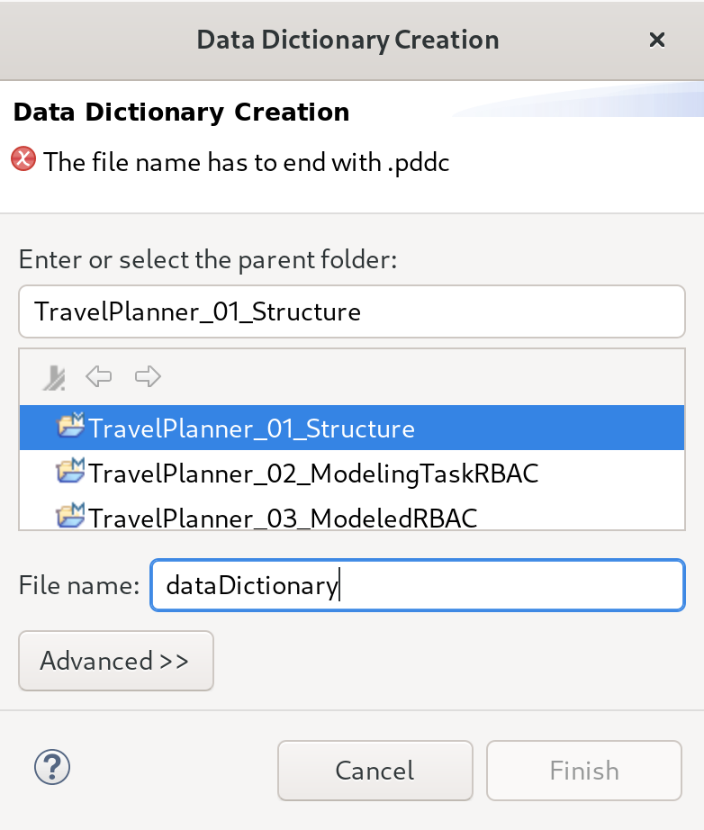 Dialog for creating a data dictionary