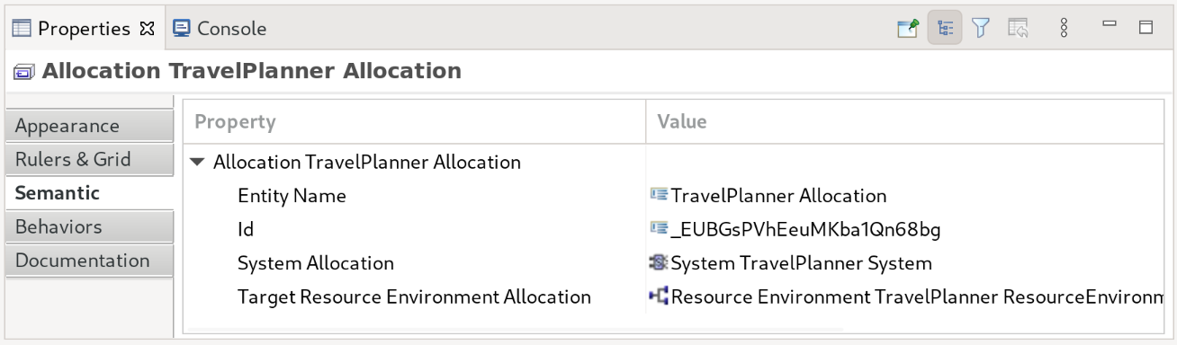 Properties view showing semantic properties of an allocation