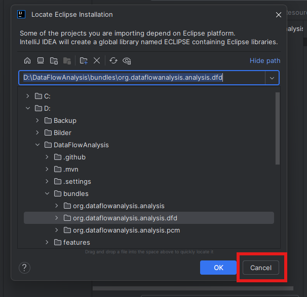 Cancel eclipse instance location dialouge